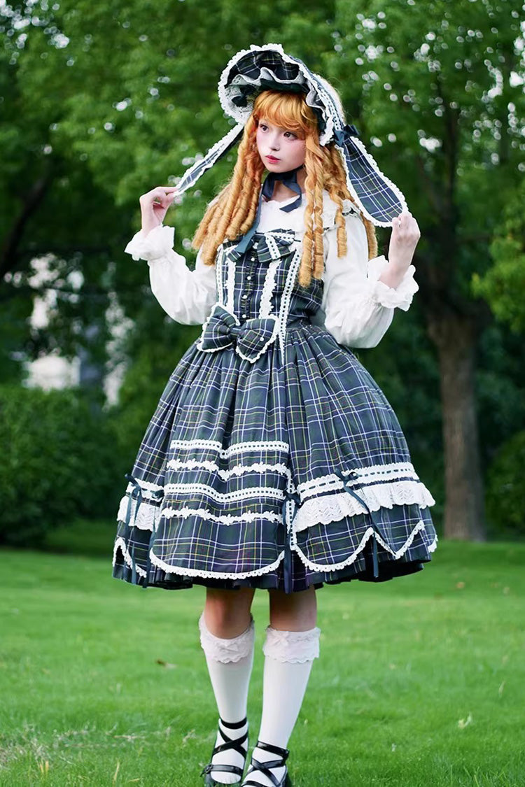 Lolita JSK Dress - Gingham Petal Bunny, Green, Ruffled, Printed, Sweet Style - additional product view 12