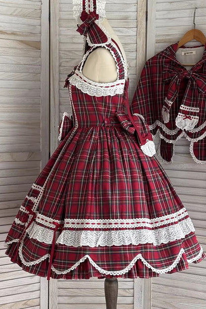 Lolita JSK Dress - Gingham Petal Bunny, Red, Bow Detail, Ruffled, Printed - additional product view 2