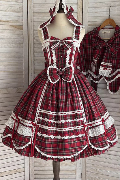 Lolita JSK Dress - Gingham Petal Bunny, Red, Bow Detail, Ruffled, Printed - additional product view 3