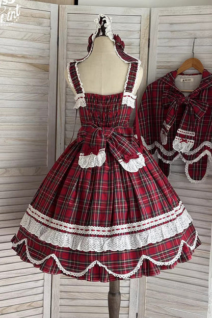 Lolita JSK Dress - Gingham Petal Bunny, Red, Bow Detail, Ruffled, Printed - additional product view 4