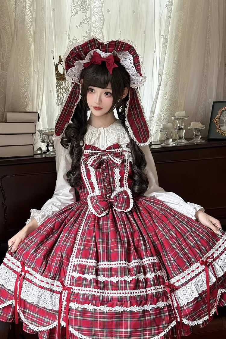Lolita JSK Dress - Gingham Petal Bunny, Red, Bow Detail, Ruffled, Printed - additional product view 6