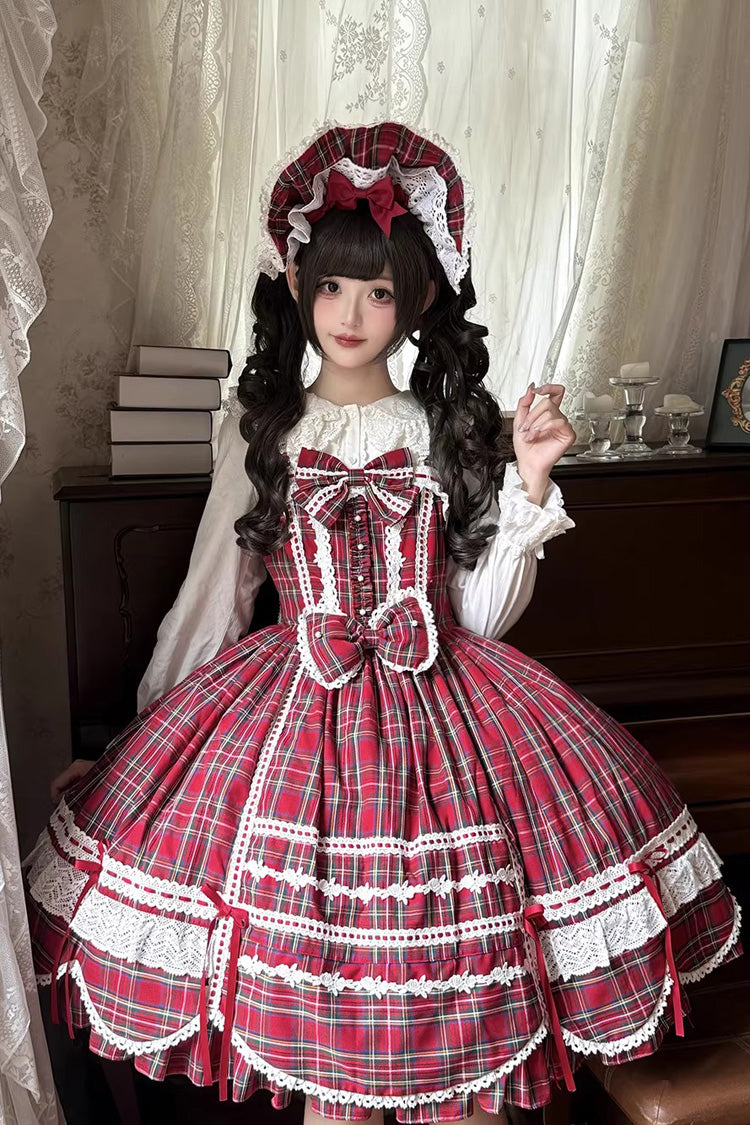 Lolita JSK Dress - Gingham Petal Bunny, Red, Bow Detail, Ruffled, Printed - main product image