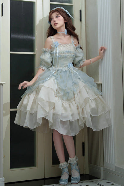 Lolita JSK Dress - Goodnight Camellia, 3 Colors, Ruffled, Printed, Layered - XS Light-Blue / S Light-Blue / M Light-Blue option