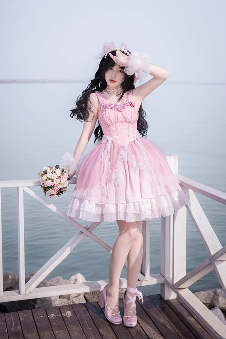 Lolita JSK Dress - Gradient Pink Fishbone Elegant, Pink, Sweet Style, Lace Trim - additional product view 2