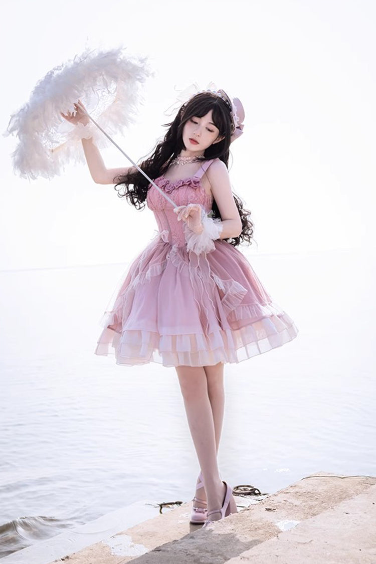 Lolita JSK Dress - Gradient Pink Fishbone Elegant, Pink, Sweet Style, Lace Trim - additional product view 3