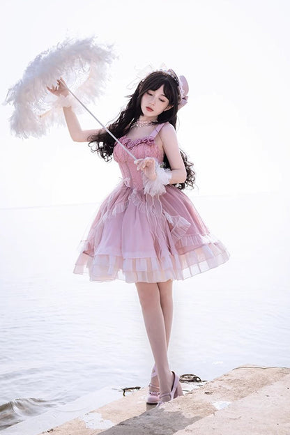 Lolita JSK Dress - Gradient Pink Fishbone Elegant, Pink, Sweet Style, Lace Trim - additional product view 3