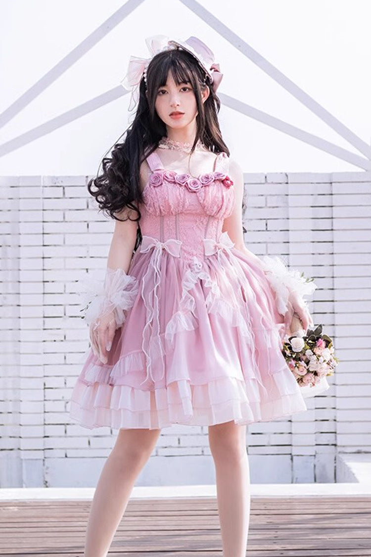 Lolita JSK Dress - Gradient Pink Fishbone Elegant, Pink, Sweet Style, Lace Trim - additional product view 4