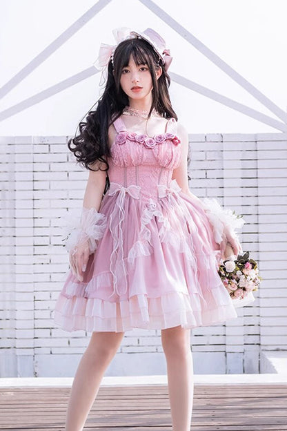 Lolita JSK Dress - Gradient Pink Fishbone Elegant, Pink, Sweet Style, Lace Trim - additional product view 4