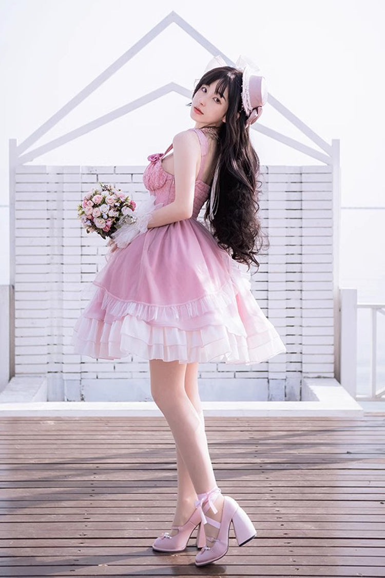 Lolita JSK Dress - Gradient Pink Fishbone Elegant, Pink, Sweet Style, Lace Trim - additional product view 5