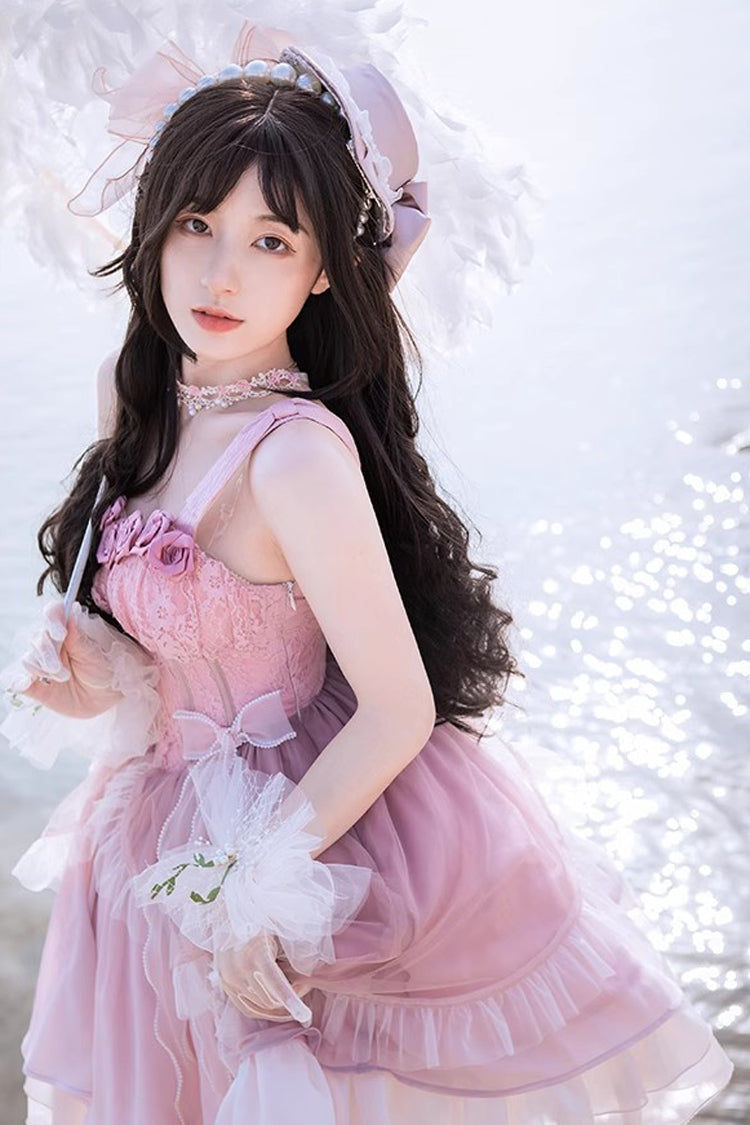 Lolita JSK Dress - Gradient Pink Fishbone Elegant, Pink, Sweet Style, Lace Trim - additional product view 6