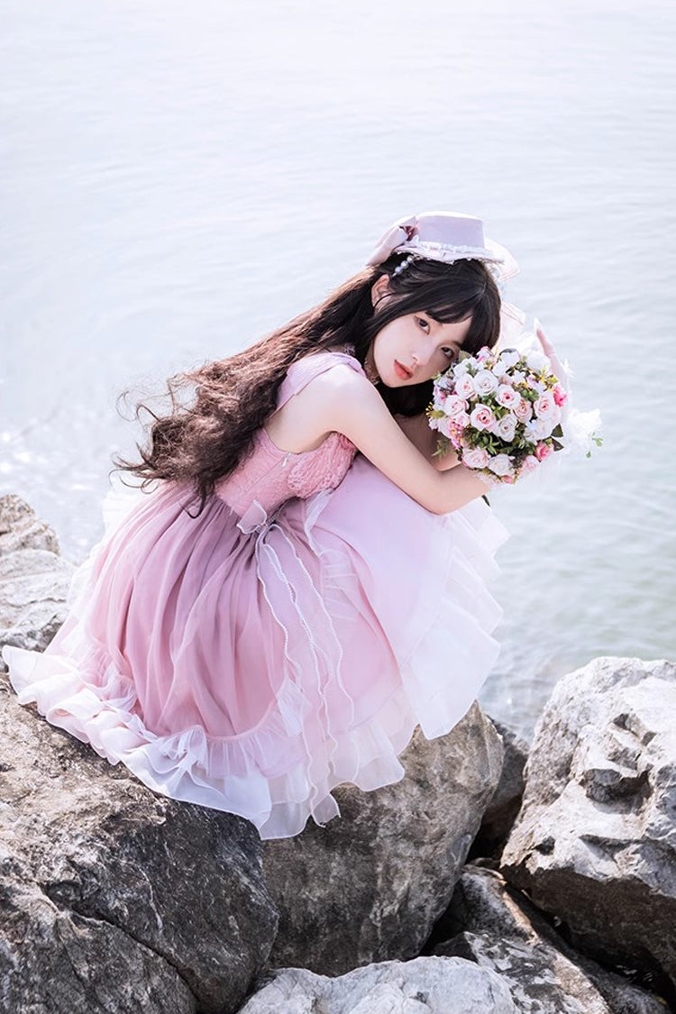 Lolita JSK Dress - Gradient Pink Fishbone Elegant, Pink, Sweet Style, Lace Trim - additional product view 7