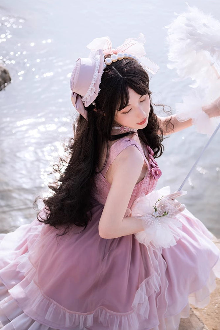Lolita JSK Dress - Gradient Pink Fishbone Elegant, Pink, Sweet Style, Lace Trim - additional product view 8