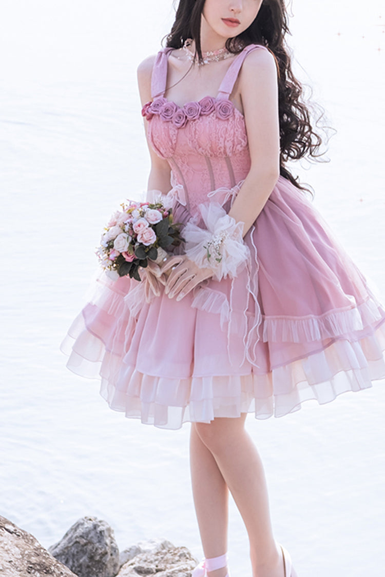 Lolita JSK Dress - Gradient Pink Fishbone Elegant, Pink, Sweet Style, Lace Trim - main product image