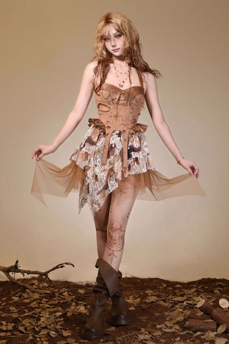 Lolita JSK Dress - Halterneck, Brown, Lace Trim, Punk Style - Lolita Coordinate Dress - additional product view 2