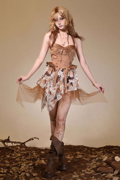Lolita JSK Dress - Halterneck, Brown, Lace Trim, Punk Style - Lolita Coordinate Dress - additional product view 2