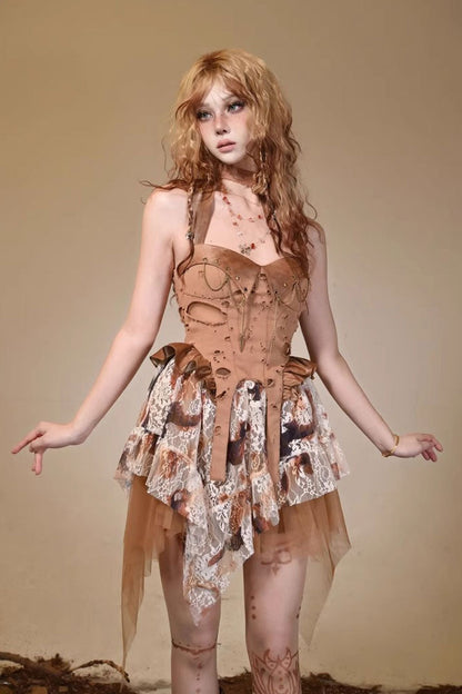 Lolita JSK Dress - Halterneck, Brown, Lace Trim, Punk Style - Lolita Coordinate Dress - additional product view 3