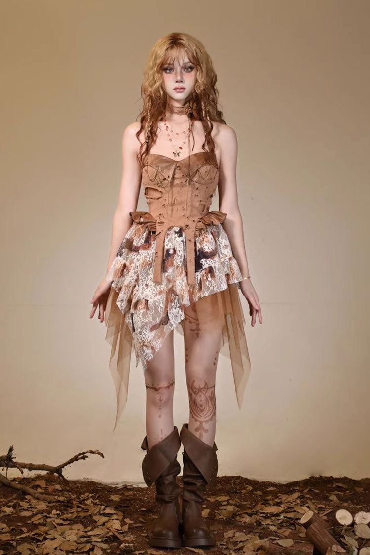 Lolita JSK Dress - Halterneck, Brown, Lace Trim, Punk Style - Lolita Coordinate Dress - additional product view 4