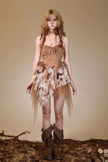 Lolita JSK Dress - Halterneck, Brown, Lace Trim, Punk Style - Lolita Coordinate Dress - additional product view 4