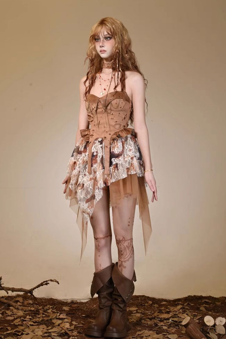 Lolita JSK Dress - Halterneck, Brown, Lace Trim, Punk Style - Lolita Coordinate Dress - additional product view 5