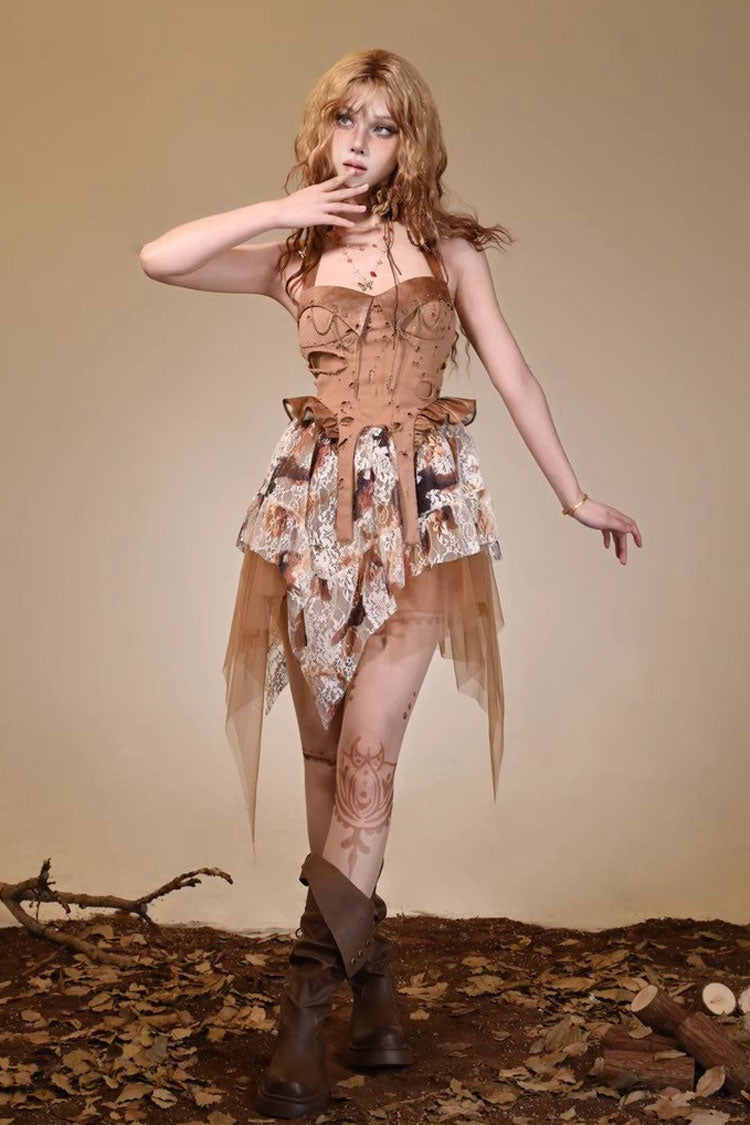 Lolita JSK Dress - Halterneck, Brown, Lace Trim, Punk Style - Lolita Coordinate Dress - additional product view 11