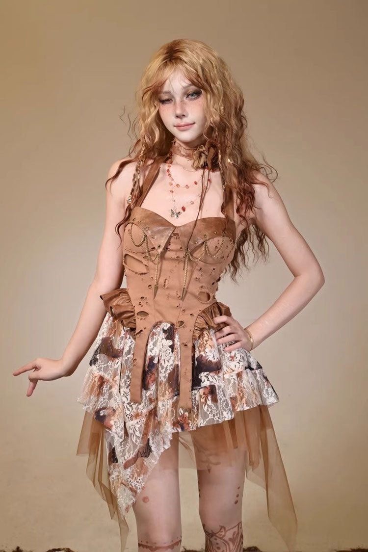 Lolita JSK Dress - Halterneck, Brown, Lace Trim, Punk Style - Lolita Coordinate Dress - main product image
