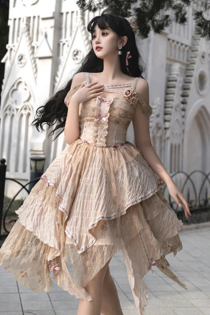 Lolita JSK Dress - High Waisted Print Irregular, Yellow, High Waist, Sweet Style, Printed - main product image