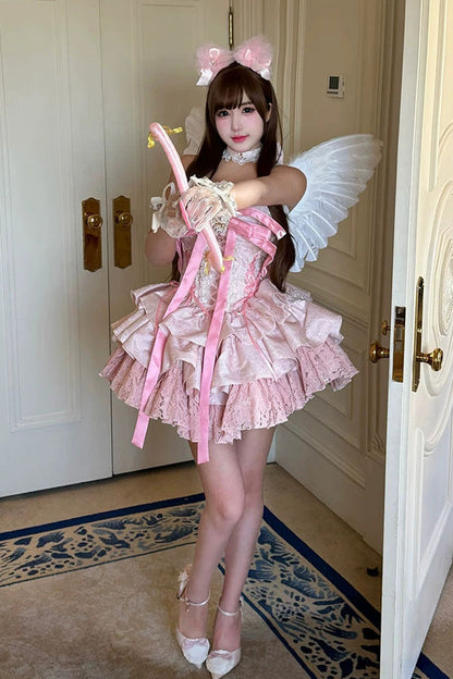 Lolita JSK Dress - Kitten Sweetheart, Pink, Ruffled, Layered, Lace-Up - additional product view 5