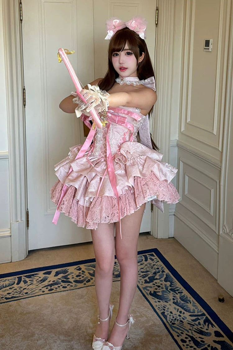 Lolita JSK Dress - Kitten Sweetheart, Pink, Ruffled, Layered, Lace-Up - additional product view 6