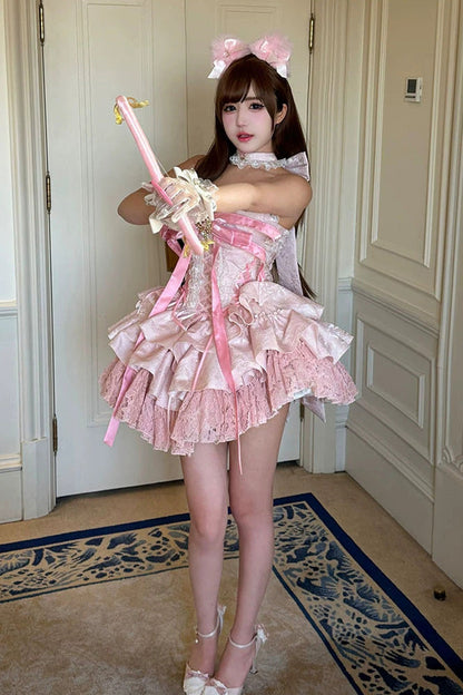 Lolita JSK Dress - Kitten Sweetheart, Pink, Ruffled, Layered, Lace-Up - additional product view 6