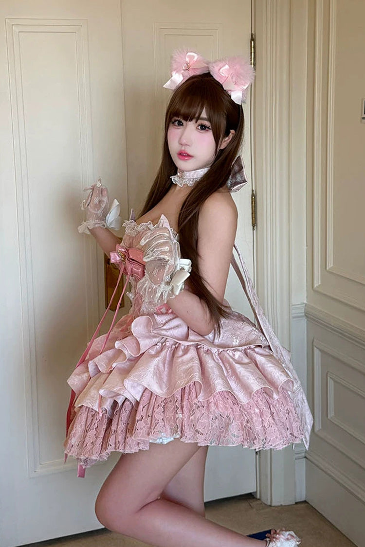 Lolita JSK Dress - Kitten Sweetheart, Pink, Ruffled, Layered, Lace-Up - additional product view 7