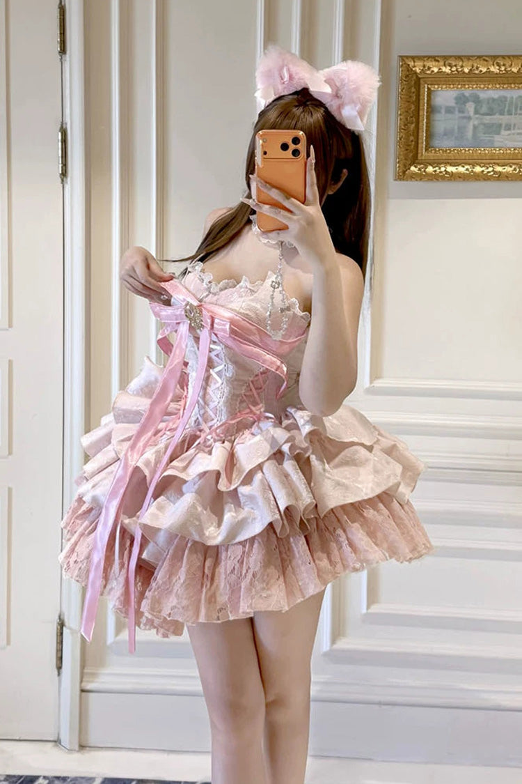 Lolita JSK Dress - Kitten Sweetheart, Pink, Ruffled, Layered, Lace-Up - additional product view 9