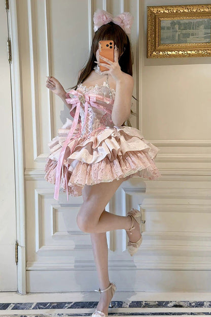Lolita JSK Dress - Kitten Sweetheart, Pink, Ruffled, Layered, Lace-Up - additional product view 10