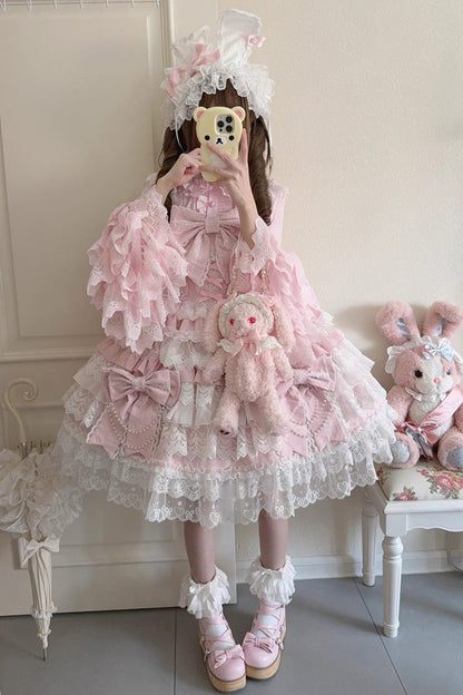 Lolita JSK Dress - Knot Of The Crossed Heart, Pink, Ruffled, Layered, Lace-Up - additional product view 4