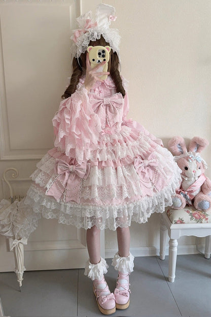 Lolita JSK Dress - Knot Of The Crossed Heart, Pink, Ruffled, Layered, Lace-Up - main product image