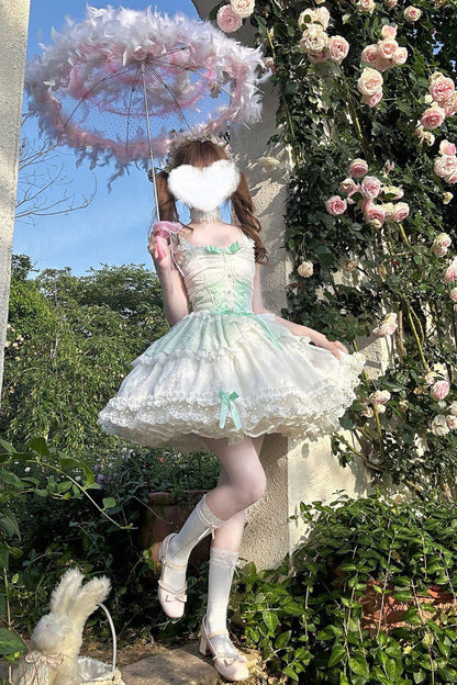 Lolita JSK Dress - Leiffu, Green, Lace Trim, Ruffled, Lace-Up - additional product view 4