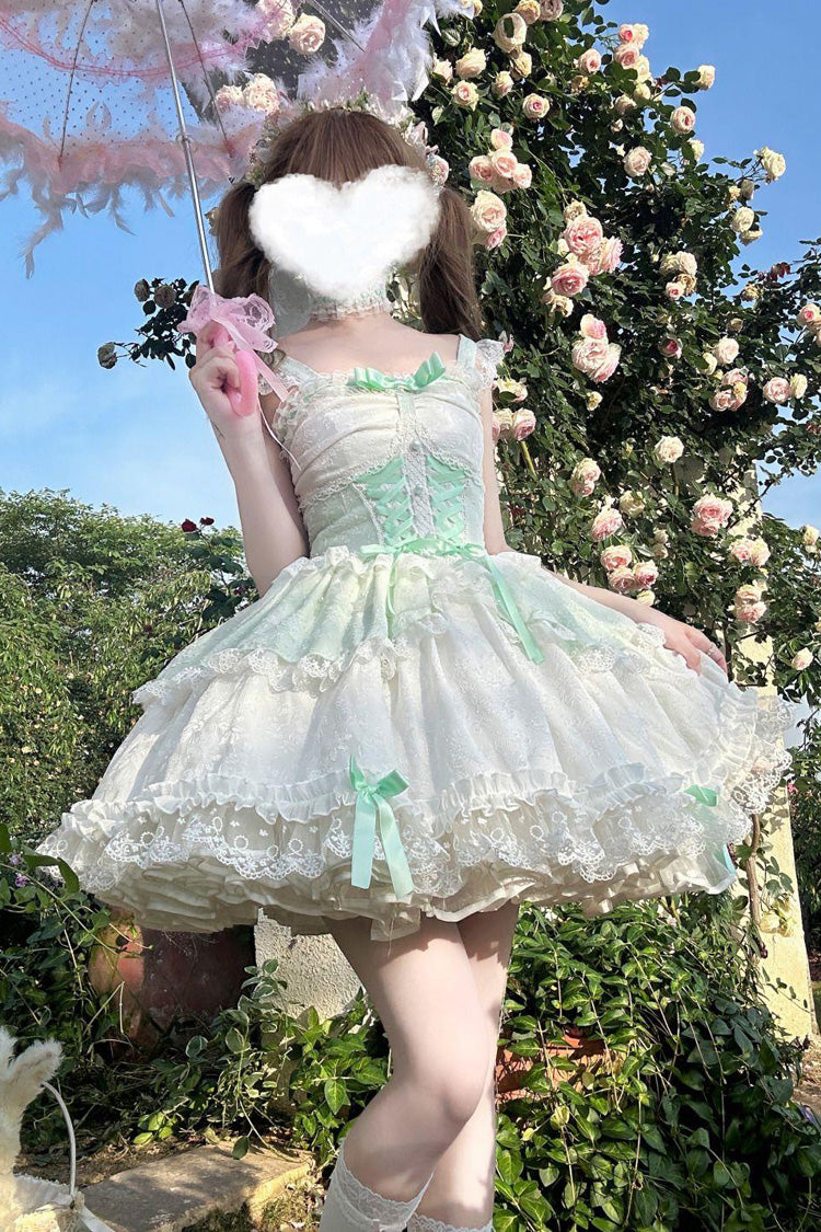 Lolita JSK Dress - Leiffu, Green, Lace Trim, Ruffled, Lace-Up - main product image