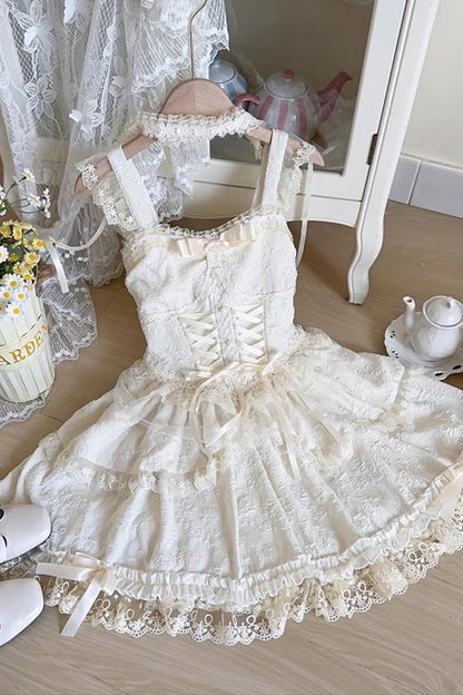 Lolita JSK Dress - Leiffu, Green, Lace Trim, Ruffled, Lace-Up - S Apricot / M Apricot / L Apricot option