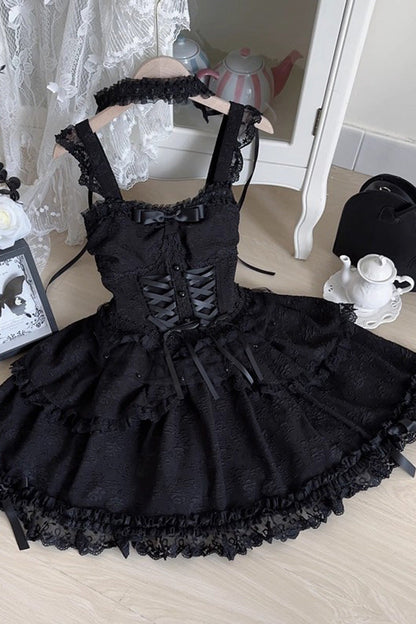 Lolita JSK Dress - Leiffu, Green, Lace Trim, Ruffled, Lace-Up - S Black / M Black / L Black option