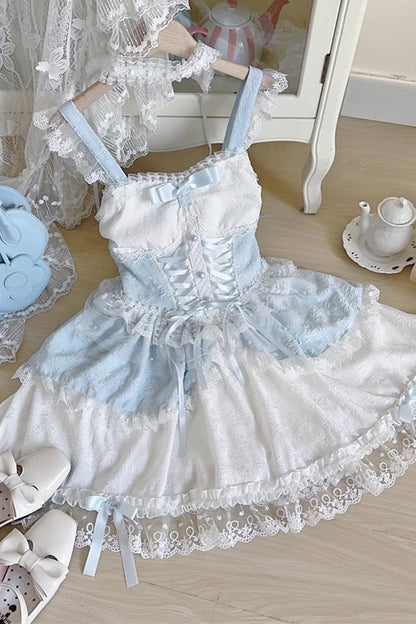 Lolita JSK Dress - Leiffu, Green, Lace Trim, Ruffled, Lace-Up - S Blue / M Blue / L Blue option
