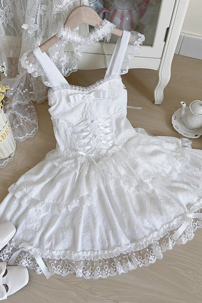 Lolita JSK Dress - Leiffu, Green, Lace Trim, Ruffled, Lace-Up - S White / M White / L White option