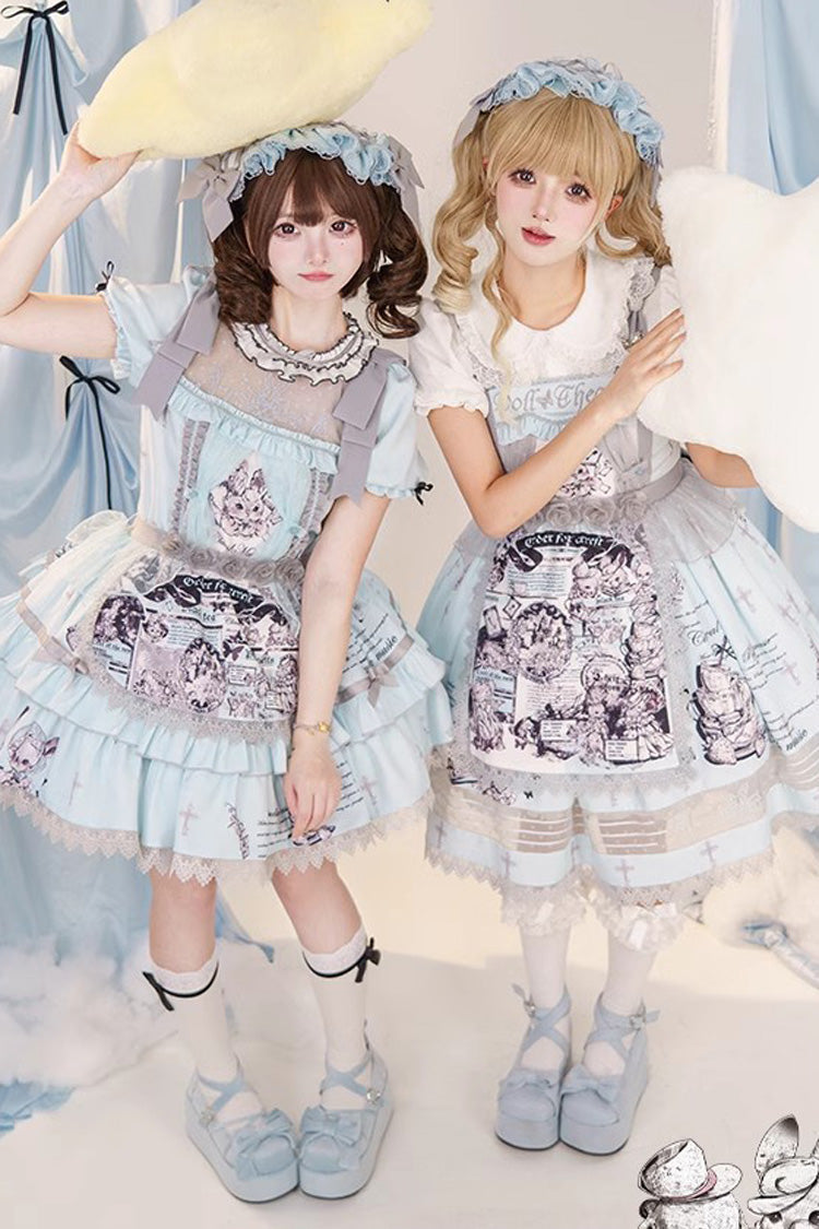 Lolita JSK Dress - Light Blue Doll Theater Print, Blue, Printed, Sweet Style, Bow Detail - additional product view 2