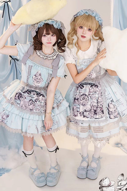 Lolita JSK Dress - Light Blue Doll Theater Print, Blue, Printed, Sweet Style, Bow Detail - additional product view 2