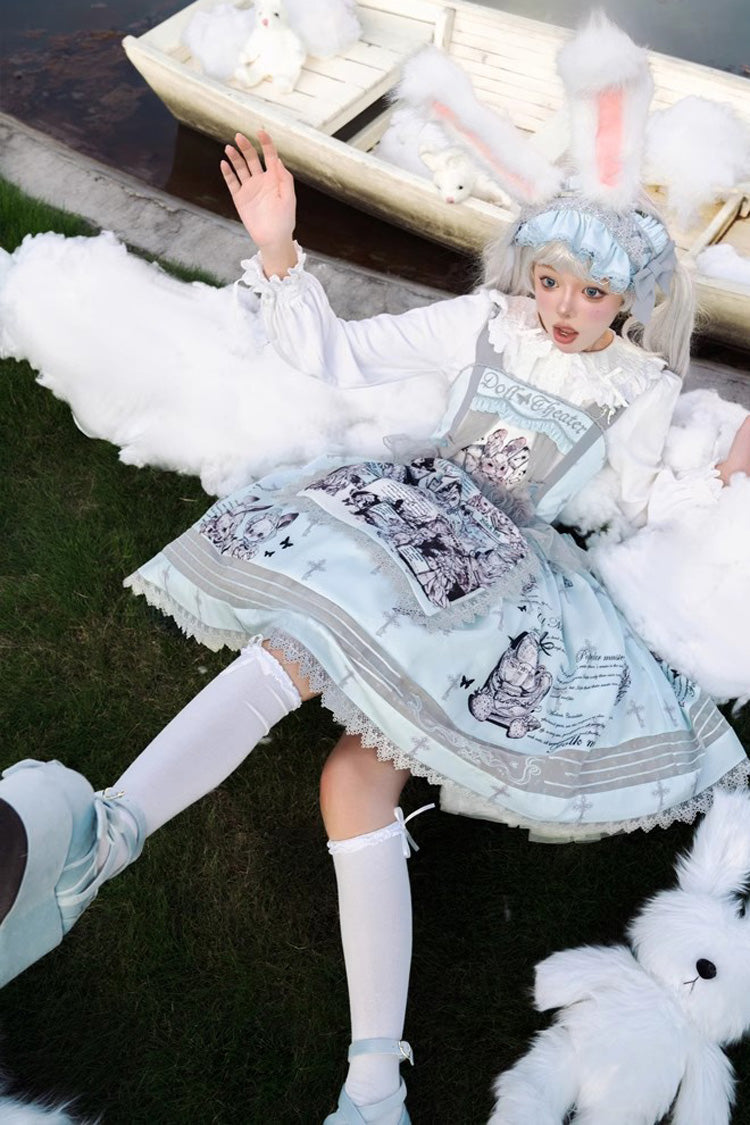 Lolita JSK Dress - Light Blue Doll Theater Print, Blue, Printed, Sweet Style, Bow Detail - additional product view 3