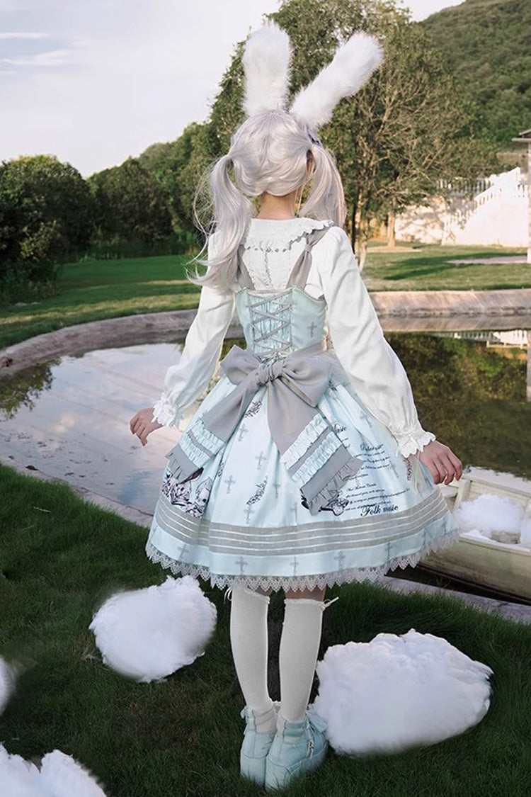 Lolita JSK Dress - Light Blue Doll Theater Print, Blue, Printed, Sweet Style, Bow Detail - additional product view 4
