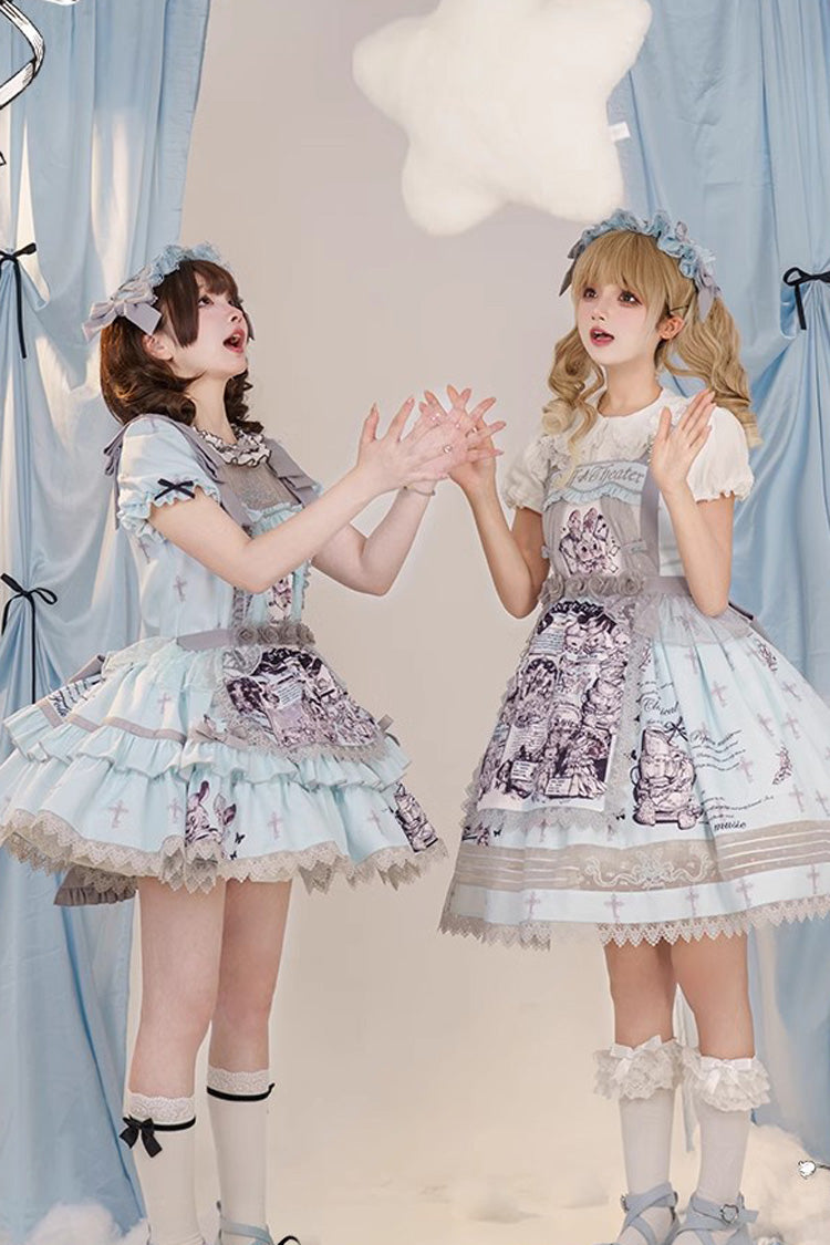 Lolita JSK Dress - Light Blue Doll Theater Print, Blue, Printed, Sweet Style, Bow Detail - additional product view 5
