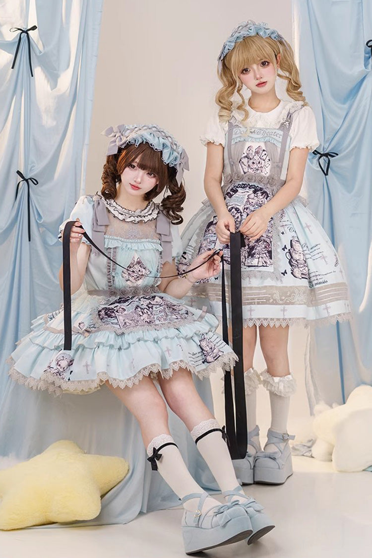 Lolita JSK Dress - Light Blue Doll Theater Print, Blue, Printed, Sweet Style, Bow Detail - main product image