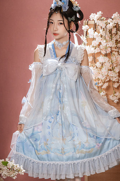 Lolita JSK Dress - Light Blue Dreamland Chinese, Blue, High Waist, Ruffled, Sweet Style - additional product view 2