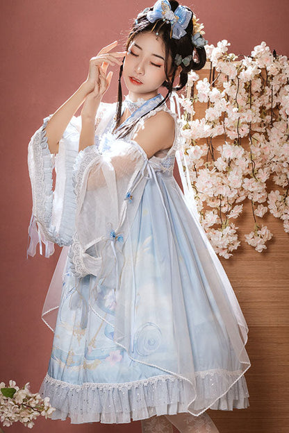 Lolita JSK Dress - Light Blue Dreamland Chinese, Blue, High Waist, Ruffled, Sweet Style - additional product view 3