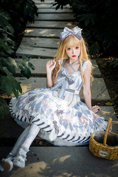 Lolita JSK Dress - Light Blue Heart Print, Blue, Printed, Sweet Style, Bow Detail - additional product view 2
