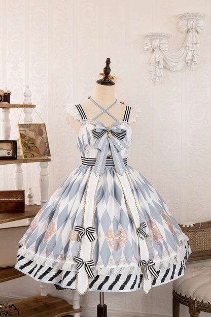 Lolita JSK Dress - Light Blue Heart Print, Blue, Printed, Sweet Style, Bow Detail - additional product view 6